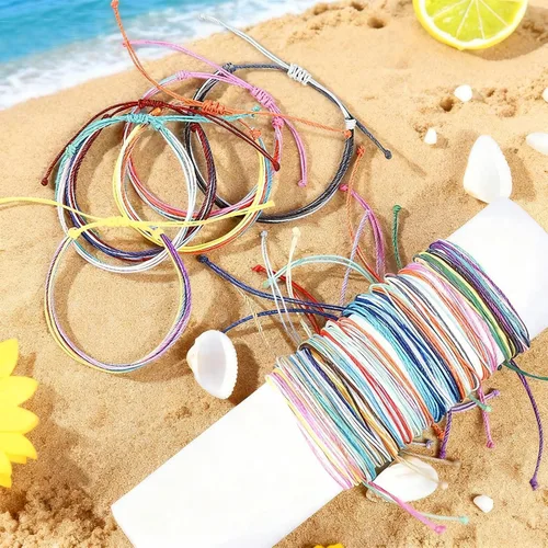 Vista 6 de Brazaletes impermeables de cuerda, para verano, con ola, brazalete para amistad, hecho a mano, para niña A-16 pulseras de cuerda