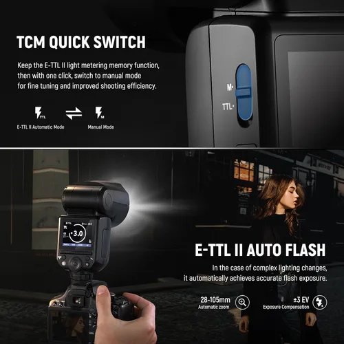 Vista 4 de NEEWER Z2-C 2.4G TTL Flash de cabeza redonda Speedlite para Canon, interfaz de usuario mejorada, 2 lámparas de modelado ajustables, tecla TTL/M