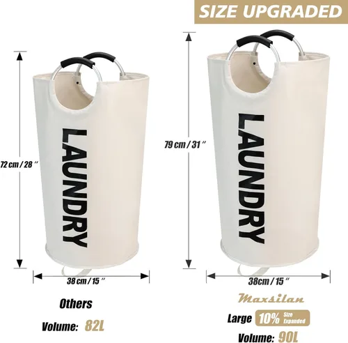 Vista 3 de Maxsilan - Cesta de lavandería grande de 90 L, cesta de ropa alta independiente, bolsa de lavandería plegable, color beige