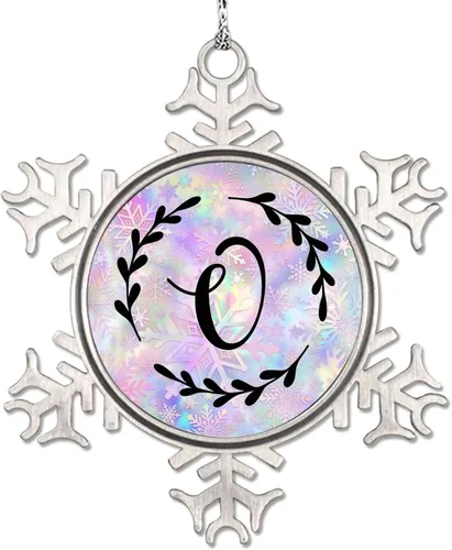 Vista 22 de Adorno de copo de nieve de letra A con inicial de copo de nieve, corona negra, adorno con monograma para decoración de árbol de Navidad, adornos
