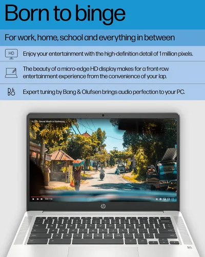 Vista 3 de HP Laptop Chromebook 14, Intel Celeron N4120, 4 GB de RAM, 64 GB eMMC, pantalla HD de 14 pulgadas, Chrome OS, diseño delgado, gráficos 4K, batería