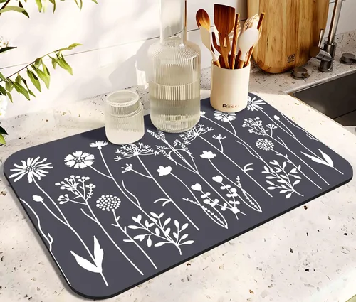 Vista 28 de Tapete de secado de platos para encimera de cocina, 20 x 12 pulgadas, lavable, almohadilla de secado rápido de platos, parte trasera de goma Flores