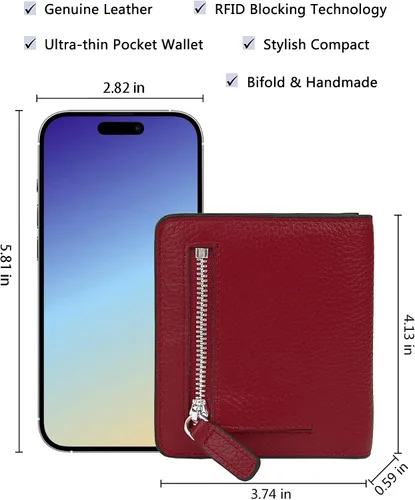Vista 5 de BIG SALE-AINIMOER billetera de bolsillo pequeña con cremallera, plegable, compacta de cuero con bloqueo por identificación por radiofrecuencia