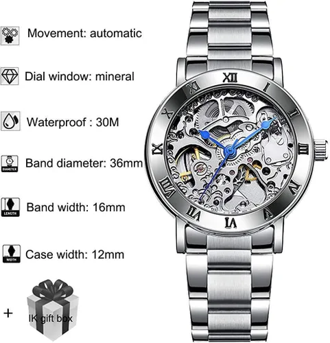 Vista 6 de MASTOP Relojes para mujer, reloj automático Steampunk de cuerda automática, pulsera de plata, reloj de pulsera de esqueleto para mujer