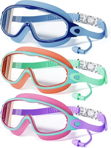 Vista 17 de Paquete de 3 gafas de natación para niños, con tapones para los oídos, marco grande, antivaho, UV, visión amplia, para niños y niñas de 4 a 12 años