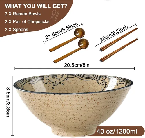 Vista 2 de Juego de cuencos de cerámica para ramen, 2 juegos de 34 onzas, cuencos grandes de sopa de fideos japoneses con cucharas y palillos para sopa