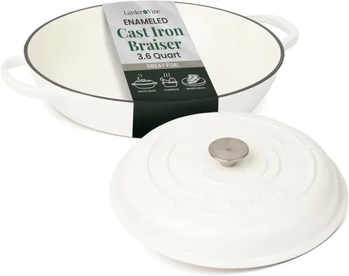 Vista 12 de Larder & Vine Brasera de Hierro Fundido Esmaltado Brasera de 3.6 qt con Tapa Horno Holandés Poco Profundo Compatible con Todas las Cocinas