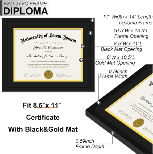Vista 3 de Fxojyvo Marco de diploma negro 11x14, marco para documentos 8,5 x 11 con alfombrilla o 11 x 14 sin alfombrilla, marco para certificado