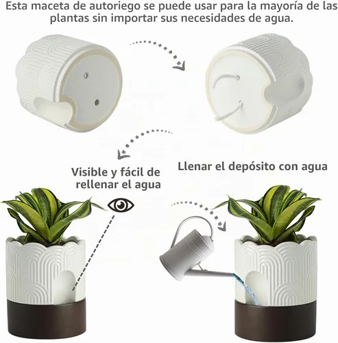 Vista 3 de Nihow Macetas de cerámica con autorriego para plantas de interior, 6 beige y marrón