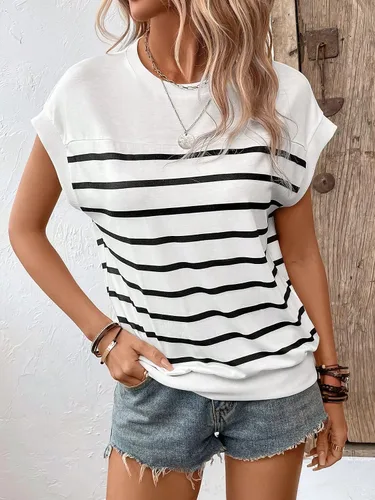 Vista 6 de Floerns Camiseta casual de manga casquillo con cuello redondo y estampado de rayas para mujer