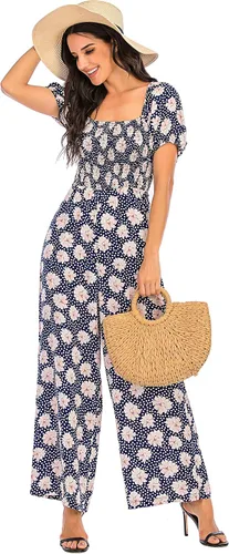 Vista 2 de Jumpsuit de verano con manga de farol floral para mujer cintura alta pantalones de pierna ancha casual holgado fruncido