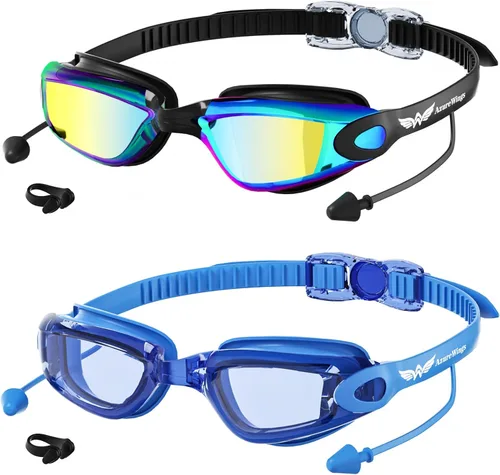Vista 10 de Paquete de 2 gafas de natación sin fugas, antivaho y UV, gafas de natación para adultos, hombres y mujeres, lentes de policarbonato con espejo HD