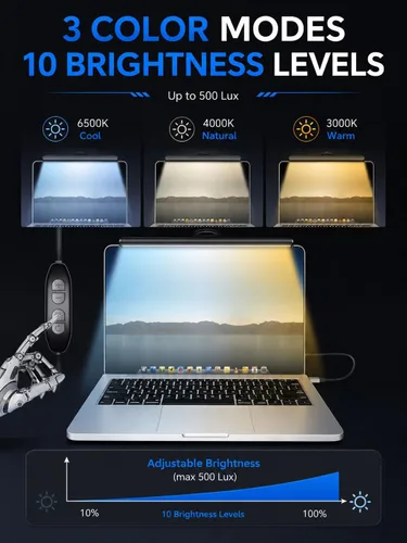 Vista 6 de Barra de luz para monitor de laptop, lámpara LED de lectura electrónica USB, 3 temperaturas de color ajustables, 10 niveles de brillo de atenuación