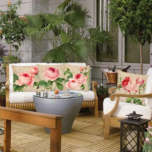 Vista 7 de Juego de 4 fundas de almohada decorativas de color rosa de 16 x 16 pulgadas, fundas de almohada cuadradas con flores de primavera y verano