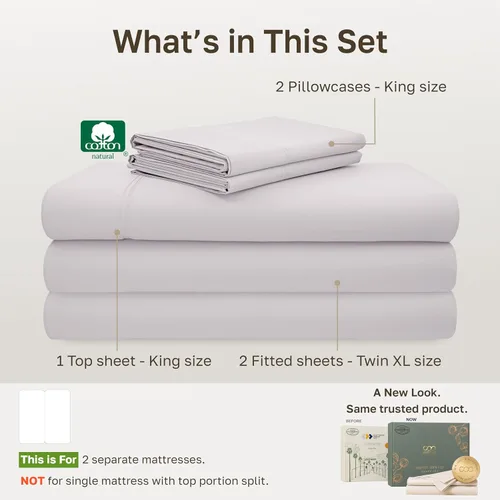 Vista 272 de California Design Den - Juego de sábanas de tamaño King dividido 100% algodón, 600 hilos, tejido satinado suave y transpirable, para cama ajustable