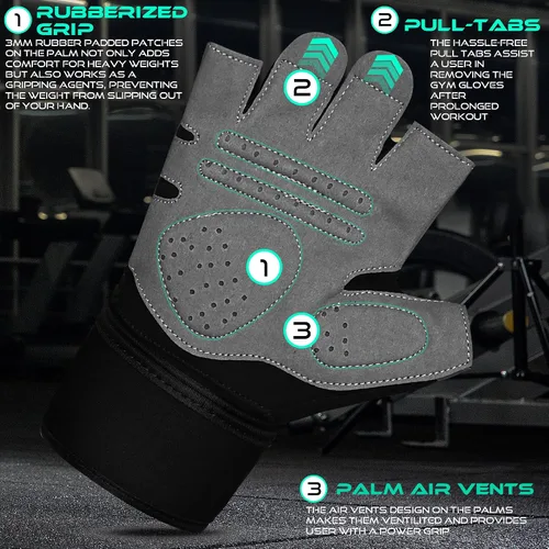 Vista 4 de WESTWOOD FOX Guantes de gimnasio para entrenamiento de fitness, antideslizantes, absorben los golpes, guantes de levantamiento de pesas, agarre