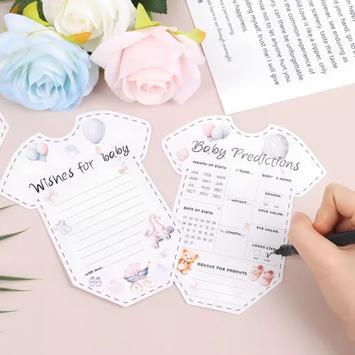 Vista 6 de CCINEE 50 tarjetas de predicción para baby shower, juegos de revelación de género, tarjetas de deseos y consejos para niños y niñas, padres recién