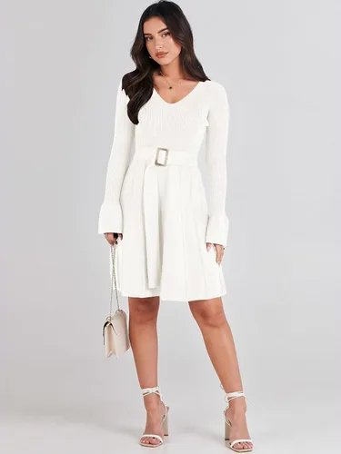 Vista 6 de ANRABESS Vestido tipo suéter de manga larga con cuello en V y lazo en la cintura, plisado, acampanado, elegante, de punto acanalado, vestido midi