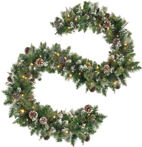 Vista 7 de OasisCraft - Guirnaldas navideñas preiluminadas de 2.7 m con temporizador y luces LED, guirnaldas con copos de nieve y bolas, guirnalda navideña a