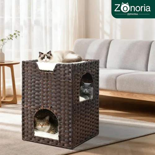 Vista 2 de Cama para gatos de interior, un elegante escondite para gatos y una casa para gatos, cama tipo cueva de ratán tejida a mano con cojín suave, cubos