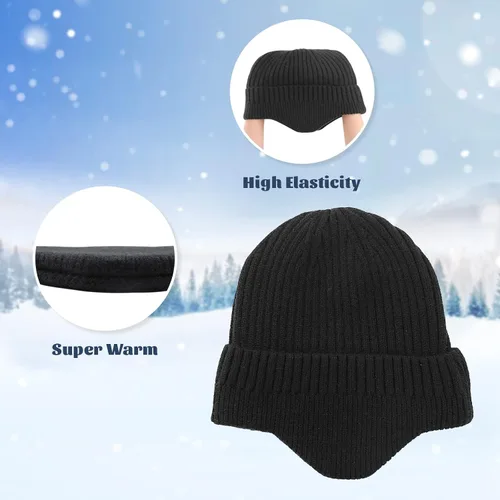 Vista 3 de POXIMI Gorro de punto para hombre, con orejera, para invierno, de lana, cálido, con calavera, con calentador de orejas