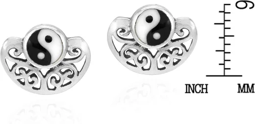 Vista 4 de Elegantes aretes de tuerca de plata de ley 925 con símbolo de Yin y Yang equilibrados en espiral, Esmalte