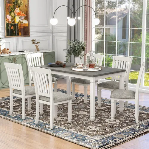 Vista 11 de Juego de mesa de comedor de madera de 6 piezas, juego de mesa de cocina con rectangular, juego de mesa de comedor con banco tapizado y 4 sillas