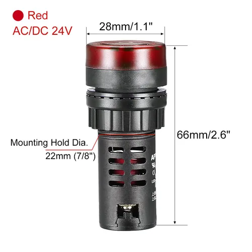 Vista 2 de uxcell 5 luces indicadoras rojas con zumbador AC/DC 24 V, 0.866 in, alarma intermitente de montaje en panel, para panel de control eléctrico, HVAC