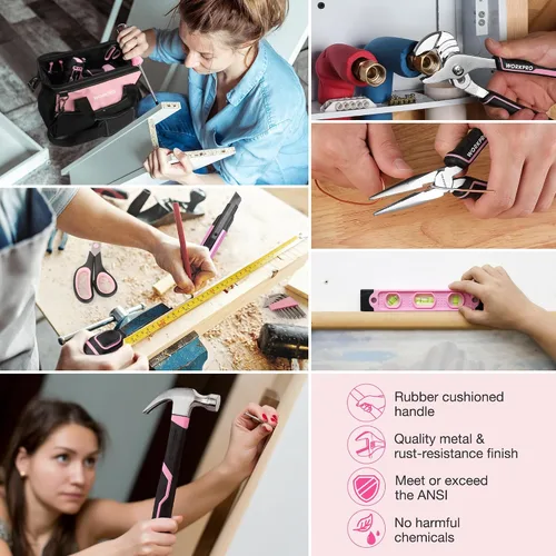 Vista 4 de WORKPRO Juego de herramientas para el hogar de 157 piezas con taladro eléctrico de 20 V y WORKPRO 43 piezas, juego de herramientas rosa con taladro