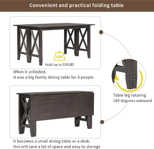 Vista 175 de Juego de mesa de comedor vintage de 6 piezas, juego de mesa de comedor de cocina de madera maciza con 4 sillas ergonómicas acolchadas y banco, mesa