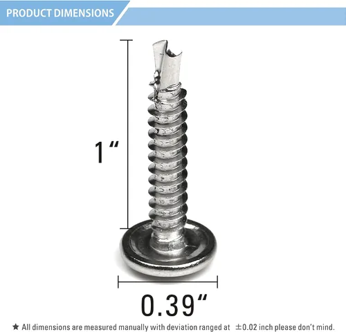 Vista 3 de Paquete de 100 tornillos Phillips autoperforantes de cabeza de oblea de acero inoxidable 410, tornillos Tek de chapa, cabeza de armadura modificada