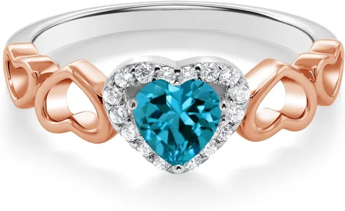 Vista 2 de Gem Stone King Anillo de plata de ley 925 de 2 tonos para mujer, topacio azul Londres, 0.71 quilates, forma de corazón (disponible 5, 6, 7, 8, 9)