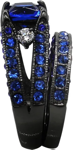 Vista 3 de Juego de anillos de matrimonio con circonias cúbicas de corte princesa de color azul y negro