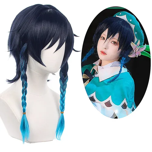Vista 2 de XiongXiongLe Anime Wig Cosplay Halloween Anime Role Black Blue Gradient Short Hair High Temperature Silk Wigs for Adult Party Cos Festival Christmas
