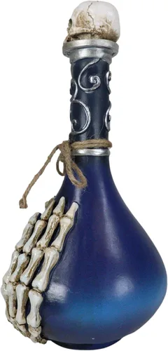 Vista 3 de Ebros Gift Wicca Occult Witchcraft Black Magic Inverted Heart Blue 'Drink Me!' Botella decorativa de poción con dedos de esqueleto, bordes plateados