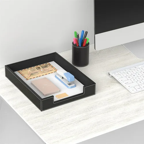 Vista 5 de Bandeja de cartas de cuero, organizador de escritorio elegante THIPOTEN para suministros de oficina, correo, papel, archivo, revista, organización
