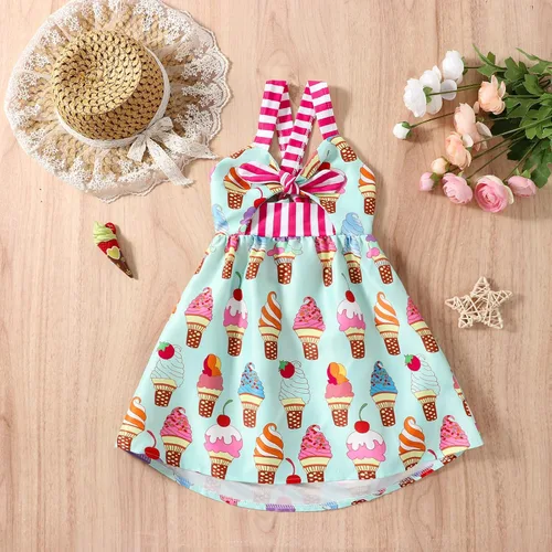 Vista 8 de Falda de verano para niñas pequeñas, con estampado de heladodinosaurio, sin mangas, correa sin espalda, vestido de 1 a 6 años