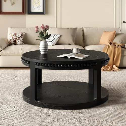 Vista 3 de WILLIAMSPACE Mesa de centro redonda de madera maciza de 31.5 pulgadas con parte superior gruesa de dos niveles, mesa central de madera moderna, mesa