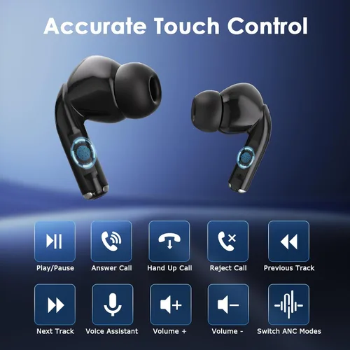 Vista 9 de Auriculares inalámbricos, auriculares Bluetooth 5.3 con reducción de ruido ENC/ANC, pantalla LED de potencia, control táctil, resistentes al agua