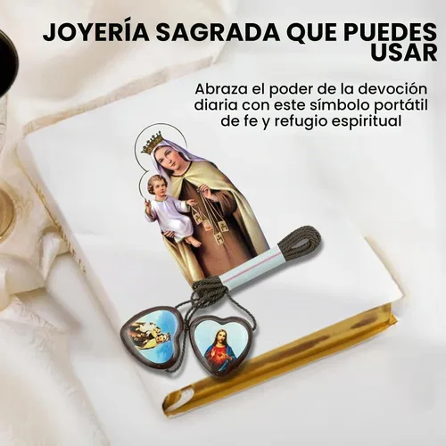 Vista 8 de Catholica Shop Escapularios de madera con cordón marrón con medallas Sagrado Corazón de Jesús y Nuestra Señora del Monte Carmelo. Escapularios