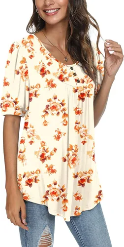 Vista 2 de POPYOUNG Túnica de manga corta abombada para mujer, estilo casual, con manga de codo, para leggings