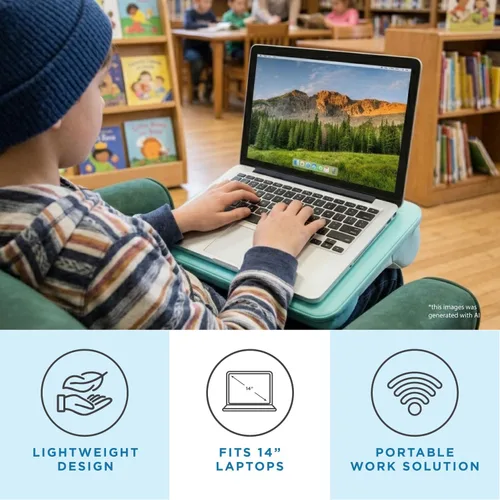Vista 2 de LAPGEAR Escritorio compacto – Aqua Sky, se adapta a portátiles de 14" Microbead Cushion, Built-In Pencil Slot, Carry Handle, Fits Standard