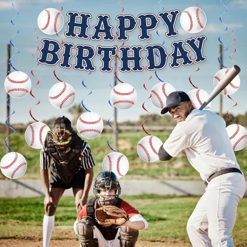 Vista 2 de KORHONEN Decoraciones de fiesta de cumpleaños de béisbol, pancarta de feliz cumpleaños y espirales colgantes para decoraciones de fiesta temática