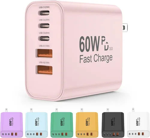 Vista 10 de Bloque de cargador USB C, bloques de carga 5 en 1 de 60 W, cargador rápido PD 3.0, enchufe de pared negro QC 2A, bloque de carga multipuerto tipo C