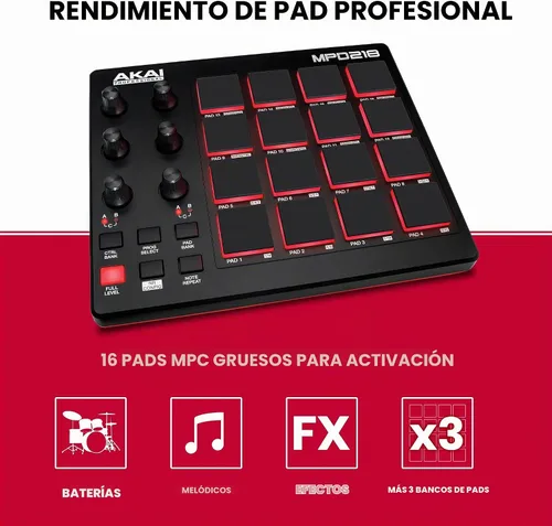 Vista 2 de AKAI Professional MPD218 - Controlador MIDI alimentado por USB con 16 almohadillas de tambor MPC, 6 perillas asignables, botones de repetición