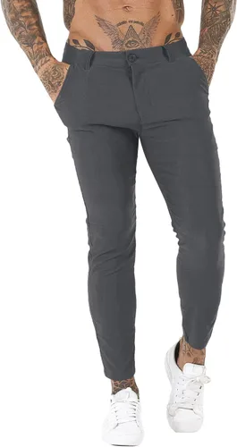 Vista 2 de Pantalones de vestir para hombre, ajustados, elásticos, a cuadros, pierna ajustada