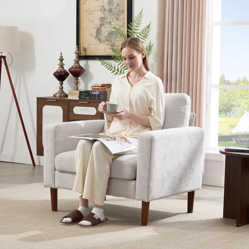 Vista 37 de Kingfun Silla decorativa, sillas de sala de estar, sillón de lectura de chenilla, de mediados de siglo con pie de madera maciza, decoración moderna