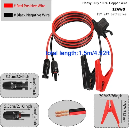 Vista 7 de QIANRENON Cable de conector de panel solar 12AWG Conector de panel solar a clip de batería, cable de extensión de cocodrilo a conectores solares