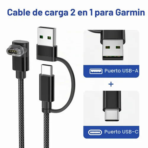 Vista 2 de Itramax Cable de carga 2 en 1 para Garmin Watch Cable de alimentación de 4 Ángulo - Negro