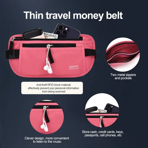 Vista 67 de DAITET Cinturón de dinero, soporte para pasaporte, cartera de viaje oculta segura con bloqueo RFID, riñonera encubierta (negro), Negro, Rfid